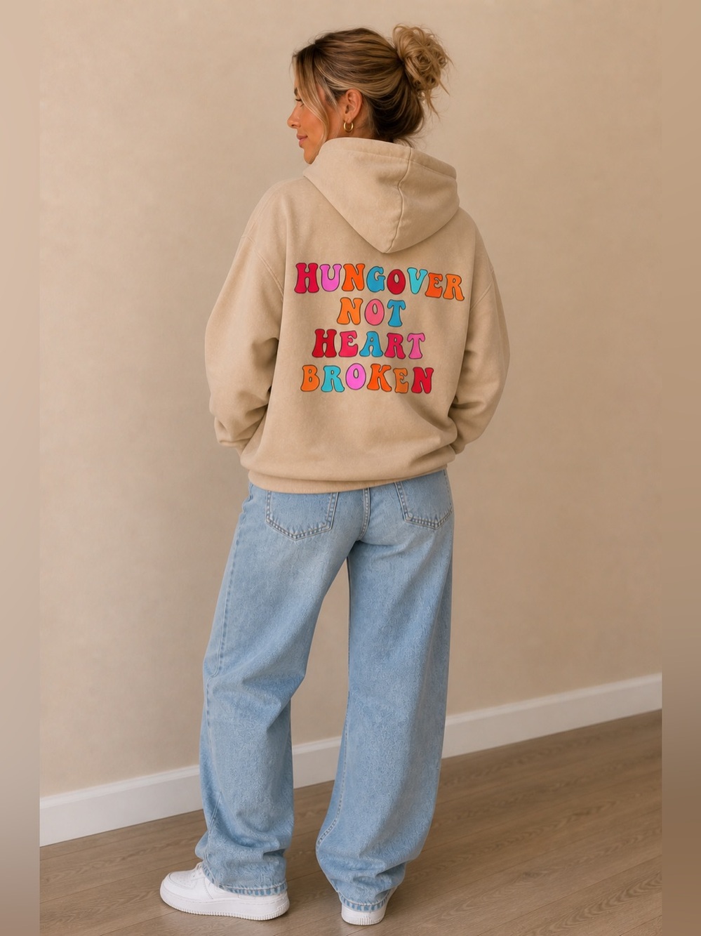 Hangover Hoodie Tan Graphic Sweatshirt “Hungover Not Heartbroken” Size M